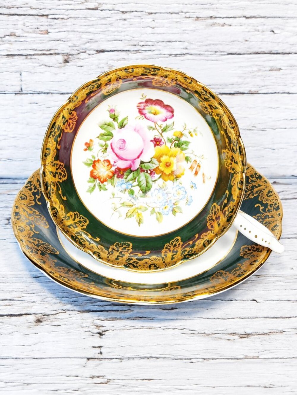 RARE EB Foley Bone China Teacup & Saucer Dark Green Gold Floral Center